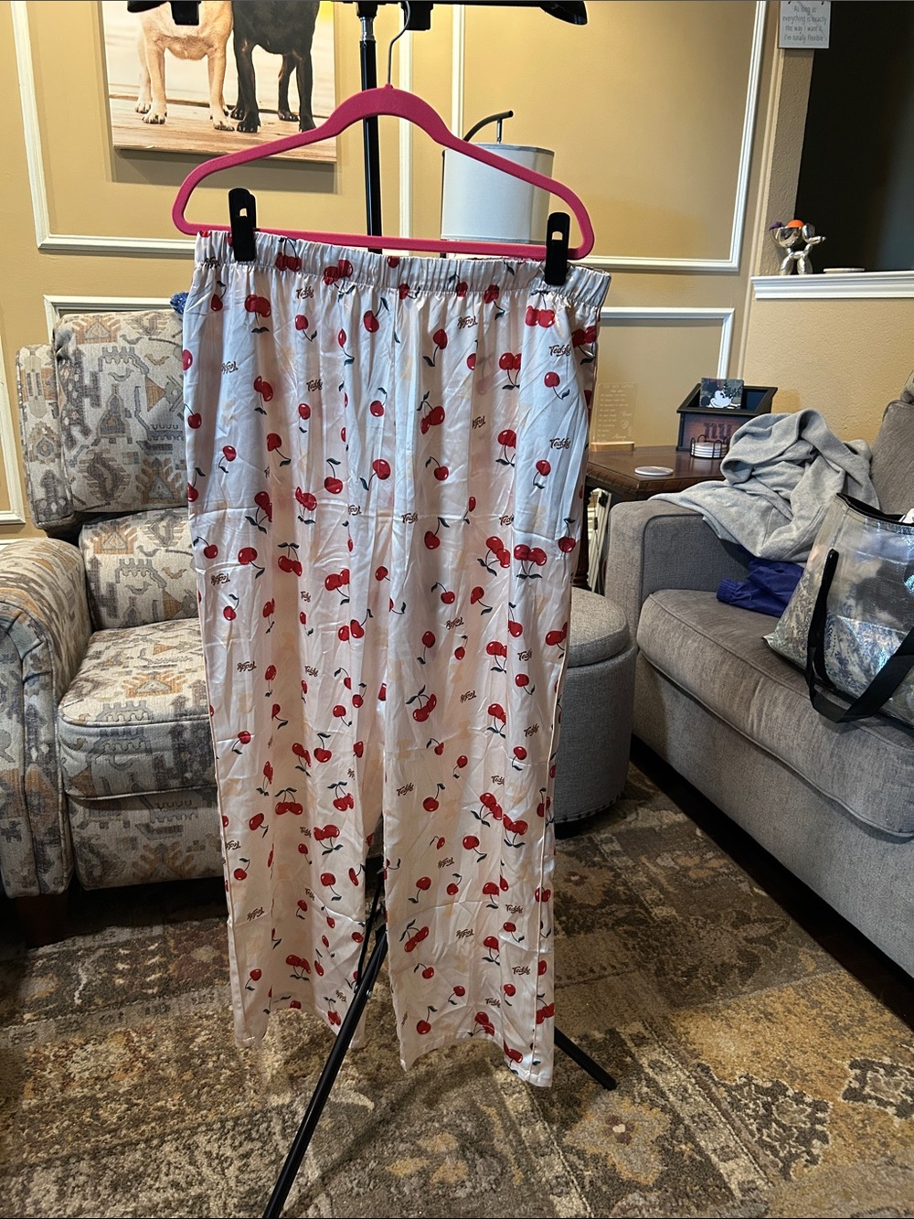 White Pajama Pants with Red Cherry Print